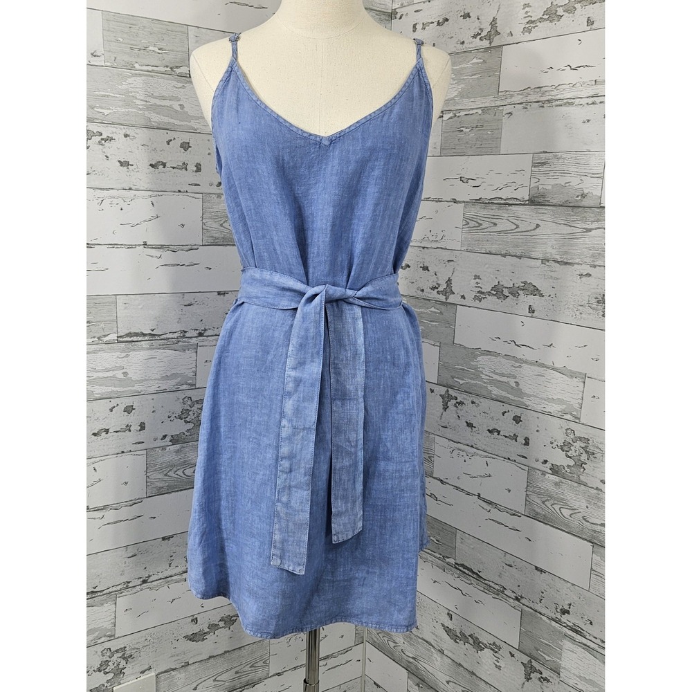 Bella Dahl Belted Smocked Back Linen Dress Womens Medium Blue